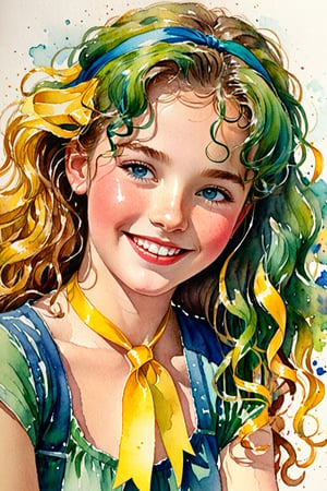 (Author Conrad Rosset), (1949s, 16-year-old girl, cute smile, blue eyes, long curly hair, green hair, yellow ribbon, wink), mixed color watercolor, drawing, (deliberately beautiful),, full body.