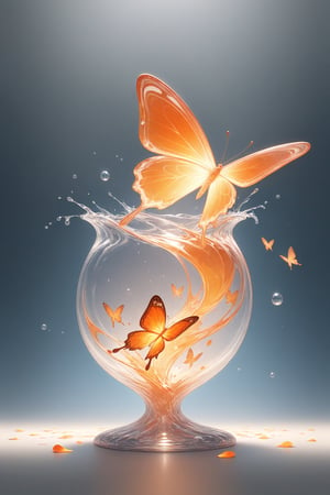 {Elegant crystal glass vase with beautiful curves filled with marbled orange and white liquid forming the shape of a butterfly. Butterflies have large wings and texture. Smooth insect silhouettes with wavy, dynamic movement. Pastel petals float around the vase. }