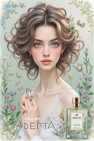 A professional photo showing a beautiful and charming girl with dark flaxen hair and bright blue eyes, a British supermodel, co-created for the cosmetics advertisement of the brand Meili for JISOO Edition. This image shows a captivating Adepta, decorated with forest scents, and a bottle of nature's perfume next to it. The fragrance is designed with a feminine and elegant feel. Bold text Tensor appears at the bottom of the image. 128k, rococo art. Watercolor, pastel, and oil paintings are exquisite hand-made sketches that look like real-life versions.