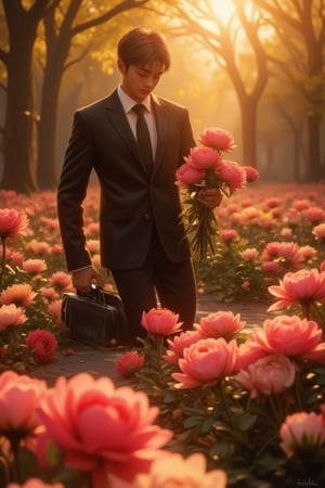 Close-up, 8k, RTX, a strikingly handsome boy, more attractive than a Korean male supermodel, tall with defined abdominal muscles. He stands in a warm, sunlit cemetery, wearing a handmade high-end suit, holding a bouquet of pink carnations in one hand and a briefcase in the other. The flowers are placed in front of a grave, with the briefcase on the ground as he kneels, expressing deep sorrow and longing for his mother. The atmosphere is warm, with light and shadow enhancing the scene, and an ethereal, angelic smile of his mother's soul in the air. Masterpiece.