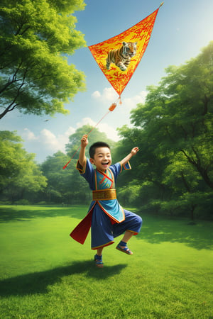 A masterpiece image of a fair-skinned, blue-eyed young boy dressed in traditional Han dynasty children's attire, joyfully playing with a high-flying kite on a lush green lawn. The kite, intricately designed with a contemporary master's ink-wash painting of a lively tiger, appears to animate as it soars through the sky, enhanced by cinematic visual effects. The scene is captured with the highest quality, showcasing the boy's delight and the dynamic interplay of the kite and its artistic design, creating a visually stunning and evocative composition.