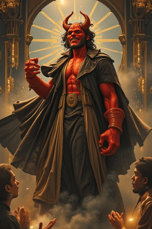 A super masterpiece featuring Hellboy from the popular movie, smiling happily and dancing. As the son of hell with a good heart and superpowers, he loves humans. The highest quality in film and digital art showcases detailed details, capturing his joyful expression. The artwork is inspired by Alphonse Mucha, Boris Valejo, Anne Boonchuy, art_booster, BlackworkStyleManityro, WOWAI, Expressiveh, and Apoloniasxmasbox, creating a visually stunning and dynamic scene.