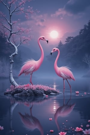 Digital artwork depicting a dusk scene with the sun setting, casting a soft glow over the scene. The sky is half-night, with two giant pink cranes standing on a small island in the middle of a body of water. The flamingo faces the right side, its long neck stretched out, while the island is covered in clusters of fallen cherry blossom petals. A tree with white branches is on the left, and the still water reflects the sun's rays, creating a mirror-like effect. The overall atmosphere is peaceful and serene, a masterpiece showcasing the beauty of miracles.