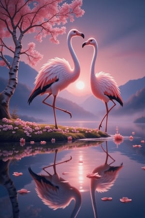 Digital artwork depicting a dusk scene with the sun setting, casting a soft glow over the scene. The sky is half-night, with two giant pink cranes standing on a small island in the middle of a body of water. The flamingo faces the right side, its long neck stretched out, while the island is covered in clusters of fallen cherry blossom petals. A tree with white branches is on the left, and the still water reflects the sun's rays, creating a mirror-like effect. The overall atmosphere is peaceful and serene, a masterpiece showcasing the beauty of miracles.