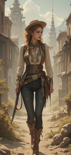 On the journey to expand the wilderness, a beautiful and charming American girl was wearing a cowboy outfit from the 1881 AD era. She had two mid-length guns and a cowboy belt on her belt. She also had a magazine on her belt. She was wearing a cowboy hat because the sun was very bright. But her facial features are exquisite and three-dimensional, her face, tall and well-proportioned figure look beautiful in jeans, and her identity is very mysterious. That era was very barbaric and life was difficult, so her white and tender skin attracted everyone's attention. Everyone is coveting her beauty, but her spear skills are very good and she has martial arts, so everyone only dares to look at her. A girl is riding a black horse. She is very strong. She is holding the horse's rope and walking. Walking through the villages and towns, the landscape of the villages and towns is still very distinctive with retro western-era buildings and desolate landscapes. Cowboy shooting, westernism. American retro art. Brutalist style.