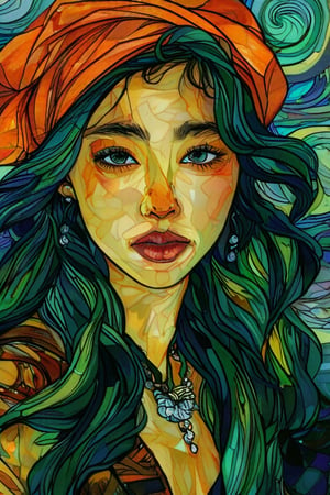 Close-up portrait of a beautiful 19-year-old Korean female supermodel woman with beautiful purple eyes and long green wavy hair wearing a pirate turban in the style of Vincent van Gogh with bright colors and deep orange color Light greens and bold buffs with swirling, textured strokes. Artists: Vincent van Gogh, Henri de Toulouse-Lautrec, Paul Gauguin.