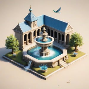 European Palace Fountain, Artwork, Renaissance, Sculpture, isometric, miniature, tilt shift, Th3Dru1d5. birds are bathing.
simple and light background.