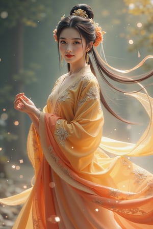 1girl, imagine an ancient Chinese goddess: the goddess Nuwa, wearing a gorgeous and beautiful Han Dynasty dress, and there is a fairy ribbon on her hand. The Hanfu all over her body floats naturally like a magic spell with fairy energy. The clothes she wore were not earthly clothes. They were made of heavenly materials and could not be found on earth. She used magic to make herself levitate in the air. She is very beautiful, even more beautiful than the angels in the West. She is an ancient Chinese goddess. Her face is very beautiful, and even the current Korean supermodels cannot compare to her. The clothes are decorated with intricate Chinese Hunan embroidery, floating gracefully in the air. She looks directly at the viewer with a beautiful smile that makes those who see her feel happy about her. Her clothes exude divine grace and power, and the rich colors and luxurious fabrics symbolize her divine status. As she travels through the void of space, the goddess embodies the timeless beauty and wisdom of the natural world, inspiring awe and reverence in all who see her. Super masterpiece.,wonder beauty