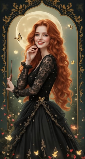 A beautiful and charming French witch girl with a charming smile, with long random red wavy hair, wearing a black lace layered dress made of soft velvet material. The dress is embroidered with star patterns and has an elegant texture. The background is simple with a double exposure of a moonlit scene within a star shape. She holds a magic wand in one hand and puts the other to her cheek and smiles. It uses multiple effects, random focus and depth of field, and is surrounded by glowing butterflies and small flowers. The slender frame decoration creates a bright atmosphere. ,Fantasy Girl,VNS_Add more details,colors,new rococo art.