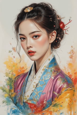 A beautiful European beauty, tall, sexy, and well-proportioned, wears ancient Korean-style clothes and has a hairstyle popular in the ancient Korean dynasty. She exudes a sense of fashionable aristocracy and customs, casual and elegant. The artwork is meticulously and realistically depicted in watercolor and gouache, displaying lifelike quality and masterpiece status. 128K resolution captures colorful light wavelengths, mesmerizing reflections, and the delicate gouache sketch in the center. Ancient art styles highlight beauty and sophistication.