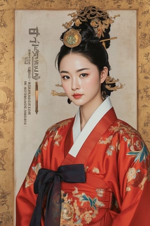 A beautiful European beauty, tall, sexy, and well-proportioned, wears ancient Korean-style clothes and has a hairstyle popular in the ancient Korean dynasty. She exudes a sense of fashionable aristocracy and customs, casual and elegant. The artwork is meticulously and realistically depicted in inks, pastels, and lacquers, displaying lifelike quality and masterpiece status. 128K resolution captures colorful light wavelengths, mesmerizing reflections, and the delicate oil pastel sketch at the center. Ancient art styles highlight beauty and sophistication.