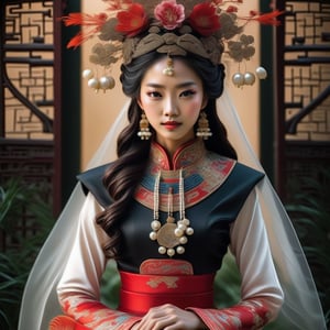 A breathtaking 18-year-old Chinese supermodel, adorned in an exquisite ancient Chinese wedding phoenix crown and xiaxiapei costume. Her forehead is delicately adorned with a 1.2 cm red flower pattern, enhancing her beauty. She possesses captivating dark black eyes, large and bright, framed by long and thick eyelashes, exuding a hint of shyness. Her face is a blend of slightly pink and fair skin, with slightly curled lips that form a gentle smile. Her black, silk-like hair is styled into a wedding bun, showcasing her white, snowy neck. In the traditional wedding setting, she holds a round fan, patterned and transparent, adding an air of mystery as it partially conceals her face. The fan contrasts beautifully with her ornate Chinese attire, which includes a headdress intricately decorated with gold threads, jade beads, and multiple strings of pearls. The phoenix crown features delicate gold leaves and gemstones, while her rich red and gold layered silk robe is embroidered with dragons and auspicious symbols. Her wide, flowing sleeves are detailed with embroidery, and the ornate collar is inlaid with gems. Her long, black silk-like hair is partially visible below the headdress. The scene is rendered in photorealistic detail, capturing the interplay of light and shadow, and evoking a strong wedding atmosphere. She looks directly at the audience, deeply captivating anyone who views her. The artwork is a masterpiece, presented in ultra-high definition, truly photorealistic in its depiction of this beautiful woman.