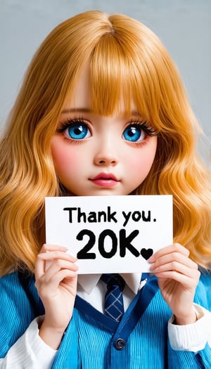 (A very beautiful Korean supermodel girl with beautiful golden hair, big blue eyes, bright and energetic, long thick eyelashes, holding a big sign with both hands that says "Thank you 20k♥". The background is very cute , light tone, Mark Ryden style), detailed texture, high quality, high resolution, high precision, realism, color correction, appropriate lighting settings, harmonious composition, Behance work, text, text is ""