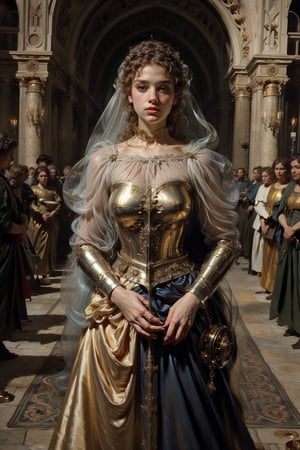 Perfect golden ratio facial features, beautiful and smart blue eyes, long and thick eyelashes, a beautiful girl looking at the camera affectionately, a perfect body ratio of 1:8, an athlete-like figure, medieval art, and medieval clothing. Wearing golden armor, she is French and carries a medieval sword. She is fighting for the people of France against the British invading army. Her beautiful short golden Perfect golden ratio facial features, beautiful and smart blue eyes, long and thick eyelashes, a beautiful girl looking at the camera affectionately, people call her Joan of Arc, perfect body ratio of 1:8, athlete-like figure, medieval Art, medieval clothing. Wearing golden armor, she is French and carries a medieval sword. She is fighting for the people of France against the British invading army. Her beautiful short golden wavy natural curly hair is still visible under the helmet. Her perseverance and Fight for the people and their faith in God, even though the war is painful. But the enslaved people were innocent. Under the natural light, she is beautiful and majestic. Even the people in front of the camera were so attracted that they couldn't look away. Shocking and amazing. Clothes: Elements and objects appearing between 1413 and 1431 BC are consistent with this painting. Miracle. Bible Stories. Expressed with Da Vinci artistic design.

