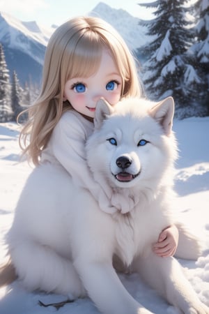 A little girl with blond hair and very fair skin. She is only 4 years old, but she grew up with a snow wolf with white fur and blue eyes. The snow wolf loves the little girl very much. He can put her to sleep and carry her on the grassland. The little girl always smiles happily. The little girl is extremely beautiful, with blue eyes, very lively, and long and thick eyelashes. To make her even more beautiful, she would often roll around on the grass with the snow wolf. The little girl wears all kinds of cute clothes. Outdoors, sunshine, mountains, trees, flowers, birds, butterflies. light and shadow. 