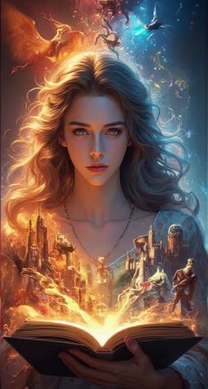 Create an image of a beautiful attractive young European woman with long curly hair standing in front of an open book. She seems to be traveling between worlds, and scenes from different fantasy worlds emerge from the pages. Her eyes are wide and full of wonder, and her flowing costume gives a sense of movement. The background shifts between vibrant colors, magical creatures, the colorful glow of magic and ancient cities, blending together seamlessly, as if the world in the book is coming to life around her. Beautiful magical fantasy art.