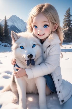 A little girl with blond hair and very fair skin. She is only 4 years old, but she grew up with a snow wolf with white fur and blue eyes. The snow wolf loves the little girl very much. He can put her to sleep and carry her on the grassland. The little girl always smiles happily. The little girl is extremely beautiful, with blue eyes, very lively, and long and thick eyelashes. To make her even more beautiful, she would often roll around on the grass with the snow wolf. The little girl wears all kinds of cute clothes. Outdoors, sunshine, mountains, trees, flowers, birds, butterflies. light and shadow. 