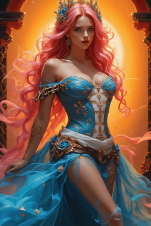 The beautiful acrylic model depicts a very beautiful woman with long wavy pink hair, dressed as a romantic queen of love, blending the elegance of an empress with steampunk and cybernetic elements. She wears a striking blue dress with a white corset to highlight her waistline, and a bright blue skirt to add a playful touch. The costume features steampunk accessories - gears, goggles, and metallic details - combined with cybernetic enhancements to give her a futuristic edge. The background uses an orange gradient color and textures of black and light yellow complementary colors to create a vibrant and dynamic atmosphere, highlighting her domineering power.