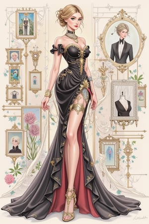 A beautiful European beauty with a tall, sexy, and well-proportioned figure, dressed in fashionable clothes for a high-end cocktail party, exuding luxury and elegance with an aristocratic feel inspired by the most popular Paris and Italian fashions. The artwork features a detailed, realistic depiction in watercolor and gouache, showcasing a lifelike quality and masterpiece status. The 128K resolution captures colored light wavelengths, attractive reflections, and a fine gouache sketch of her full body on display. The modern art style highlights the beauty's allure and sophistication.