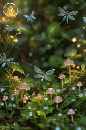 Create an enchanting whimsical fairy garden scene, where delicate plants and tiny mushrooms are adorned with sparkling dewdrops under a soft morning light. The composition focuses on a cluster of glittering dragonflies hovering playfully around, their wings shimmering with iridescent colors. The setting is a lush, hidden corner of a forest, filled with magical charm and serenity.