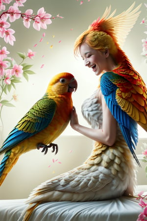 Design an image featuring a serene home setting where a stunning Taiwanese supermodel, adorned with angelic wings, is at ease. She is accompanied by her vibrant pet, a rainbow-colored parrot, known for its ability to mimic speech and sing beautifully. The scene captures the supermodel laughing heartily, her body language expressive and joyful, as the parrot mimics her laughter with a magical charm. The background is minimalist, with floating musical notes representing the parrot's melodious songs, creating a harmonious and warm atmosphere. The artwork combines oil and ink wash techniques, emphasizing soft, flowing light effects that enhance the beauty of the moment. The composition is a masterpiece, capturing a solo yet harmonious interaction between the model and her enchanting pet.