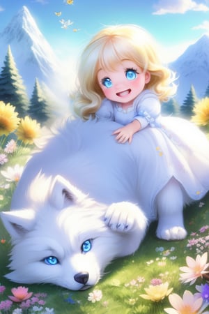 A little girl with blond hair and very fair skin. She is only 4 years old, but she grew up with a snow wolf with white fur and blue eyes. The snow wolf loves the little girl very much. He can put her to sleep and carry her on the grassland. The little girl always smiles happily. The little girl is extremely beautiful, with blue eyes, very lively, and long and thick eyelashes. To make her even more beautiful, she would often roll around on the grass with the snow wolf. The little girl wears all kinds of cute clothes. Outdoors, sunshine, mountains, trees, flowers, birds, butterflies. light and shadow. Anime style.