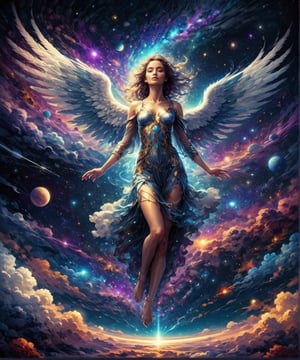 Another vibrant cosmic galaxy, dark color palette, high resolution and contrast and color contrast, complex textures and extremely subtle details, a beautiful female angel with full body glow floating in the universe, side light, super quality , exquisite works of art