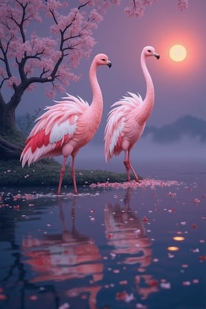 Digital artwork depicting a dusk scene with the sun setting, casting a soft glow over the scene. The sky is half-night, with two giant pink cranes standing on a small island in the middle of a body of water. The flamingo faces the right side, its long neck stretched out, while the island is covered in clusters of fallen cherry blossom petals. A tree with white branches is on the left, and the still water reflects the sun's rays, creating a mirror-like effect. The overall atmosphere is peaceful and serene, a masterpiece showcasing the beauty of miracles.