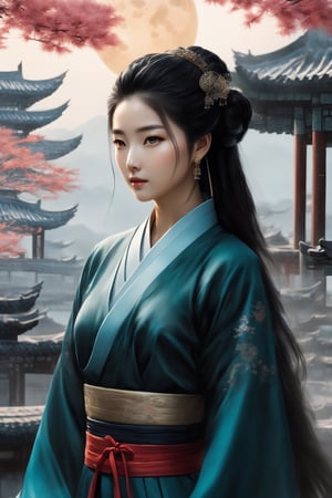 A woman with three-dimensional facial features that are more beautiful than modern Korean female supermodels. She has beautiful big black eyes and bright, long and dense eyelashes. She wears a Han Dynasty lily bun, exquisite and gorgeous hair accessories, and her whole body is very charming, but Because as a killer, her eyes have a very strong killing intent. In order to hide her identity, she sometimes wears various Hanfus worn by ancieA woman with three-dimensional facial features that are more beautiful than modern Korean female supermodels. She has beautiful big black eyes and bright, long and dense eyelashes. She wears a Han Dynasty lily bun, exquisite and gorgeous hair accessories, earrings, rings, and bracelets. , hairpin, and very attractive all over, but because she is a killer, her eyes have a very strong killing intent. Sometimes in order to hide her identity, she will wear various Hanfus worn by ancient Chinese women, and follow the wind. The shiny and delicate long black hair and clothes are fluttering in the wind. She is an ultimate masterpiece. Her body proportions are also very good, which was very rare in ancient times. The ratio of head to body is 1:8. Every time she looks at the audience, the audience will be deeply attracted by her. She is deeply attracted and beautiful, but you will also be shocked by her eyes. Her whole body is extremely detailed. She is both a beauty and a talented person. There will always be an exquisite and rare long sword on the belt around her waist (it is refined in ancient times and can break the sword and iron). She is very beautiful when she wears the beautiful ancient gorgeous and exquisite Hanfu.
Background: The vast starry sky, a bright moon, exquisite ancient buildings, ancient trees, and ancient gardens. There are many fireflies in the garden, which makes the garden more beautiful. light and shadow. Exquisitely detailed oil painting designs complement modern film effects and lighting