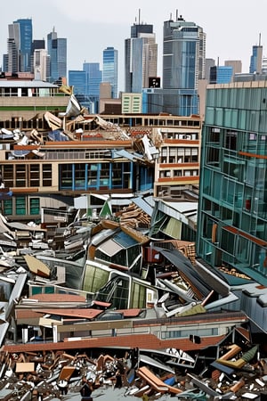 A devastated cityscape lies in ruin, once a masterpiece of modern architecture now reduced to rubble. Glass curtain walls shattered, bricks and tiles scattered everywhere. Amidst the devastation, people huddle alone, injured and shaken by the catastrophic 9.8 magnitude earthquake that ravaged the city center. The severe damage is irreparable, a tragedy of the century.,Abstract