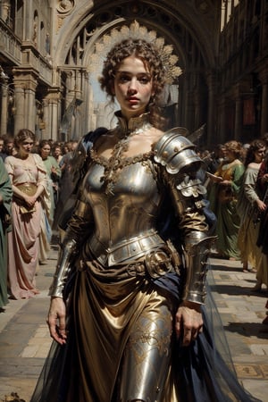 The beautiful girl with perfect golden proportion facial features, beautiful and smart blue eyes, long and thick eyelashes, looking at the camera affectionately, people call her {{{Joan of Arc}}}, perfect body ratio of 1:8, athlete General figure, medieval art, medieval armor and equipment. Wearing golden armor, she is French and carries a medieval sword. She is fighting for the people of France against the British invading army. Her beautiful short golden wavy natural curly hair is still visible under the helmet. Her perseverance and Fight for the people and their faith in God, even though the war is painful. But the enslaved people were innocent. Under the natural light, she is beautiful and majestic. Even the people in front of the camera were so attracted that they couldn't look away. Shocking and amazing. Clothes: Elements and objects appearing between 1413 and 1431 BC are consistent with this painting. Miracle. Bible Stories. Expressed with Da Vinci artistic design. The epic legend lives on to this day.