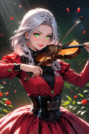 1girl, solo, beautiful violin. A beautiful and charming 19-year-old girl with long, shiny silver hair. Beautiful facial features, big and beautiful green pupils, long and dense eyelashes, which make the eyes appear bigger and brighter, and slightly raised red lips, seeming to be smiling. The girl is a world champion violinist (Fritz Kreisler), whose skill on the violin is unique. Playing: the beautiful Rose Marlene. When the girl uses the violin, the notes of the music sound realistically in the real world. Jumping. Each note dances like a human being, and the whole atmosphere is very joyful.