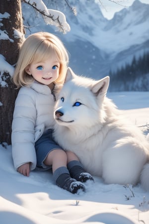 A little girl with blond hair and very fair skin. She is only 4 years old, but she grew up with a snow wolf with white fur and blue eyes. The snow wolf loves the little girl very much. He can put her to sleep and carry her on the grassland. The little girl always smiles happily. The little girl is extremely beautiful, with blue eyes, very lively, and long and thick eyelashes. To make her even more beautiful, she would often roll around on the grass with the snow wolf. The little girl wears all kinds of cute clothes. Outdoors, sunshine, mountains, trees, flowers, birds, butterflies. light and shadow. 