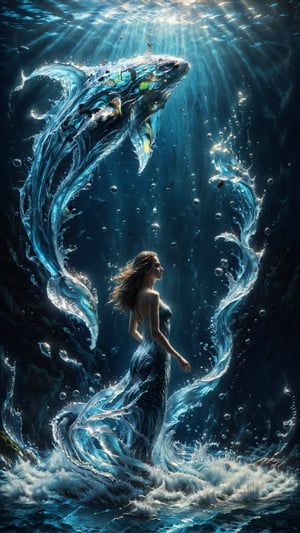 Beautiful tall girl with her back to the audience, figure, fantasy, whale, surrealism, science fiction, fantasy, new play {{{Masterpiece}}}, liquid flow form. The flow of sea water and the swimming of animals create the outline of the fish, realism and realism. The light and shadow in the water and the bottom of the sea are extremely beautiful.