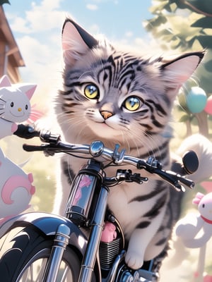 Close-up, flux, of a super cute cat riding a motorcycle with hello kitty graphics on it, smiling and looking straight into the camera. Seriously, it turns out cats can laugh. masterpiece. Jae Hyun Art. Anime with a little ink style.,glitter,shiny