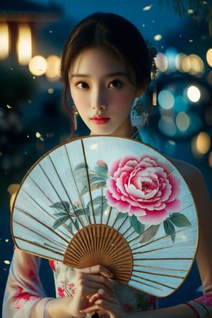 Professional photography: Alessio Albi, a Chinese girl who is more beautiful than a Korean female supermodel. The fan only covers her nose, revealing her beautiful big blue eyes, which are smart and lively, and her eyelashes are naturally long and dense. Peony pattern traditional cheongsam, exquisite Chinese round fan, silk fan surface, long bamboo fan handle body, very detailed details on the girl's face, holding round fan, long bamboo fan handle, Chinese calligraphy text written on the surface of the fan, among the stars In the night environment, nearby lights hint at the arrival of the festival. Highly detailed cinematic lighting, 8K resolution.
A superhuman masterpiece.
