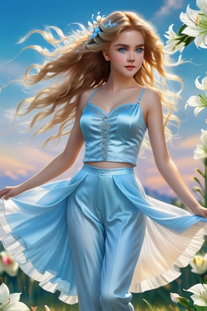 Close-up, full body shot of an 18-year-old girl resembling Nicole Kidman, with striking light blue eyes and long thick eyelashes, messy hair flowing. She wears satin pants and a variety of beautiful little dresses and casual wear in popular styles, dancing joyfully to music. The sky is adorned with braids of lilies, creating a stunning backdrop. High-quality, detailed illustration inspired by Alphonse Mucha, Boris Valejo, and Anne Boonchuy, enhanced with BlackworkStyleManityro and WOWAI, capturing expressive and dynamic elements.