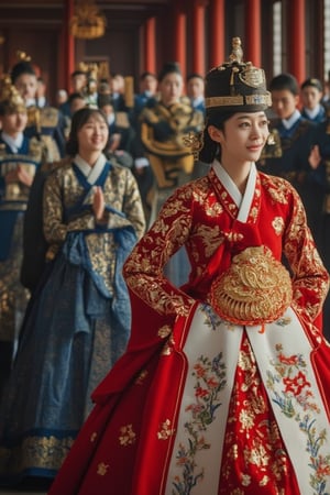 A breathtaking woman, more stunning than a Korean supermodel, in a traditional Korean hanbok adorned with intricate royal embroidery. She exudes dignified grace, followed by a group of attendants in elegant, patterned hanboks. Leading the procession, maids and concubines in traditional attire walk ahead. With a serene smile, she glances at the audience, poised to meet the Joseon king. The scene is set against a backdrop of a steampunk engine, blending historical and futuristic elements. Masterful light and shadow create a perfect, detailed work.