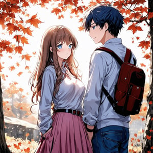 A beautifully animated scene featuring a couple outdoors, surrounded by leaves. The girl has long hair with bangs, wearing a pink skirt and a long-sleeved shirt, her hair a mix of golden and red hues. The boy, with striking blue eyes, stands beside her in a jacket over a white shirt, jeans, and a backpack. They look at each other, the girl's hand tucked into her pocket, highlighting their height difference. The composition captures a romantic, anime-style masterpiece, with the couple exuding charm and elegance in their casual yet stylish attire.