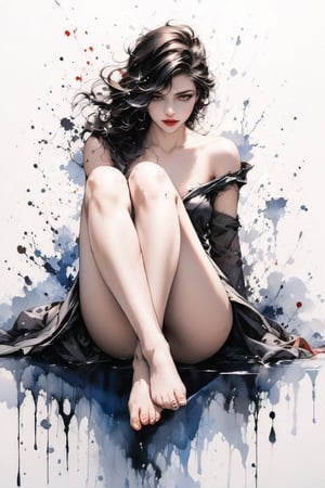 Very beautiful girl, elegant woman, ink drops, ((Color: 1.2)), white background, ((Masterpiece: 2)), medium shot, bare thighs and feet, looking at the viewer, ((Amazing Image: 1.5)), ink art style