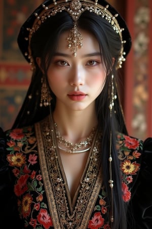 Elegant and stunningly beautiful Uyghur girls, mostly Chinese and Russian mixed-race, with three-dimensional facial features. They wear David Uygur headdresses, Uyghur makeup, and charming black velvet bases with intricate gold embroidery and pearl embellishments. Exquisite lace trim, Byzantine makeup, pale skin, dark lips, colorful embroidered dresses with ruffled puff sleeves. Charming background with Russian folk art patterns. Studio lighting, high-definition fashion photography style, by FluxGothicRealnime, adrr-zllj, lyh, goth girls, ohwx style.