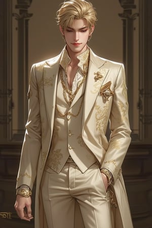 Solo singer, anime, wretched male, French gentleman, emo aristocratic style, blond short hair, eye shadow, emo Rococo makeup, chic beige suit with royal pattern gold pattern, luxury gold lapel pin, chain flower handkerchief, chest pocket, brand-name watch, ring, slender legs and tall figure, handsome guy, smiling, looking straight into the camera, full body, lyh, dal, Rococo style.