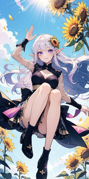 (Masterpiece, best quality, high resolution: 1.3), super-resolution image, (1girl), (solo), like a Korean supermodel, head to body ratio 1;8, as bright and detailed as black silk, like real human hair Big wavy pink shiny long hair, elf, bright purple eyes, dark purple eyelashes, long and dense, {{{enhance face close-up}}} breeze, sunflower group, sunflower field, petals, Sparkling magic, (soft sunlight: 1.3), fantasy, natural accessories, happiness in front of a group of sunflowers, doing various wonderful poses of Korean female supermodels, wearing various elven looks all over their bodies. The flower fairy's light skirt has a sense of perspective, and her feet are also wearing female elf shoes (see-through) to show the light and shadow.