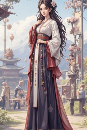 1girl, solo, long brown hair, looking at viewer, wearing traditional East Asian clothes with a sash, standing full body outdoors. She has long sleeves, brown eyes, and jewelry. She is surrounded by flowers, grass, a dog, and a building with East Asian architecture. The scene is set during the day with a blue sky and clouds, mountains in the background. She wears black footwear. High-quality, detailed image inspired by Midjourney_Whisper and Made of adrr-zllj.