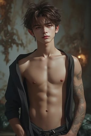 Fashion magazine cover photo featuring a stunningly cute 18-year-old famous Asian boy model, captured in a full-body artistic sensual pose within a detailed studio setting. He is artistically stripping off his loose and stylish clothes, exuding flirtatious tenderness. Cinematic lighting reveals the soft contours of his boyish body, while the soft bokeh effect enhances the realism of the image. The magazine's headlines and subtitles revolve around the model.