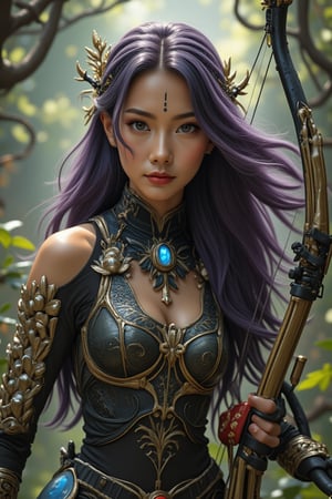 An animated masterpiece featuring a bio-mechanical huntress with beautiful and silky purple-black flowing hair and golden tips, adorned with a tribal mark on her upper right forehead: a little blue glowing lightning bolt. She wears full armor decorated with golden leaves and vines, seamlessly integrated with her skin, and enhanced visual sensors. Holding a high-tech bow, she moves agilely through the forest, like a cheetah's speed, full of strong impact and fusion. The tense and abstract background feels like an overgrown jungle intertwined with futuristic technology, capturing the essence of a dynamic and captivating scene.