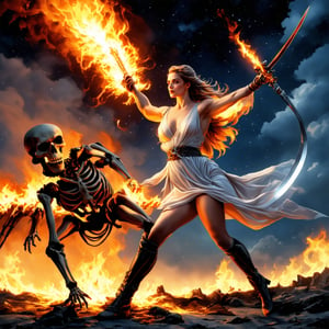 An oil painting in the style of Frank Frazetta, featuring a super sexy woman in a white transparent tunic, embodying the essence of a Vestal. She wields the Sword of Fire and Light, engaging in a fierce battle against a skeleton. The scene is illuminated by the fiery sword, casting a glow over the dark night. The stormy sky and fiery backdrop intensify the dramatic atmosphere, capturing the woman's intense and powerful presence as she confronts her skeletal foe.