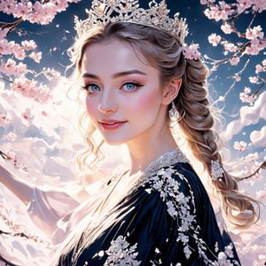 Close-up of a young girl with striking light blue eyes and long, thick eyelashes, resembling a 20-year-old Grace Patricia Kelly. She is adorned with a crown, captured in a full-body shot wearing a stunning princess dress. She stands elegantly, dancing to enchanting music, her face lit with a joyful smile. Cherry blossom braids float beautifully around her, enhancing the scene's high-quality aesthetic. The illustration is inspired by the styles of Alphonse Mucha, Boris Valejo, Anne Boonchuy, and BlackworkStyleManityro, enriched with art_booster and WOWAI elements, showcasing expressive and detailed artistry.