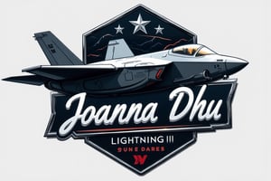 Logo badge. Design a modern and stylish logo with the F-35 Lightning II fighter jet at its core. F-35 "Lightning II" The F-35 Lightning II fighter jet should be stylized and dynamic, capturing the essence of speed and adventure. The F-35 Lightning II fighter jet is surrounded by an elegant silver frame that highlights its shape. Add the text "Joanna Dhu" in a bold and stylish font below or integrated with the F-35 "Lightning II" F-35 Lightning II fighter jet to blend in with the overall The designs complement each other. The color scheme should resonate with luxury, using silver prominently, and using contrasting colors to enhance visual appeal