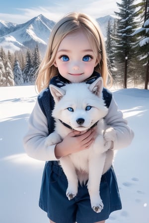 A little girl with blond hair and very fair skin. She is only 4 years old, but she grew up with a snow wolf with white fur and blue eyes. The snow wolf loves the little girl very much. He can put her to sleep and carry her on the grassland. The little girl always smiles happily. The little girl is extremely beautiful, with blue eyes, very lively, and long and thick eyelashes. To make her even more beautiful, she would often roll around on the grass with the snow wolf. The little girl wears all kinds of cute clothes. Outdoors, sunshine, mountains, trees, flowers, birds, butterflies. light and shadow. 